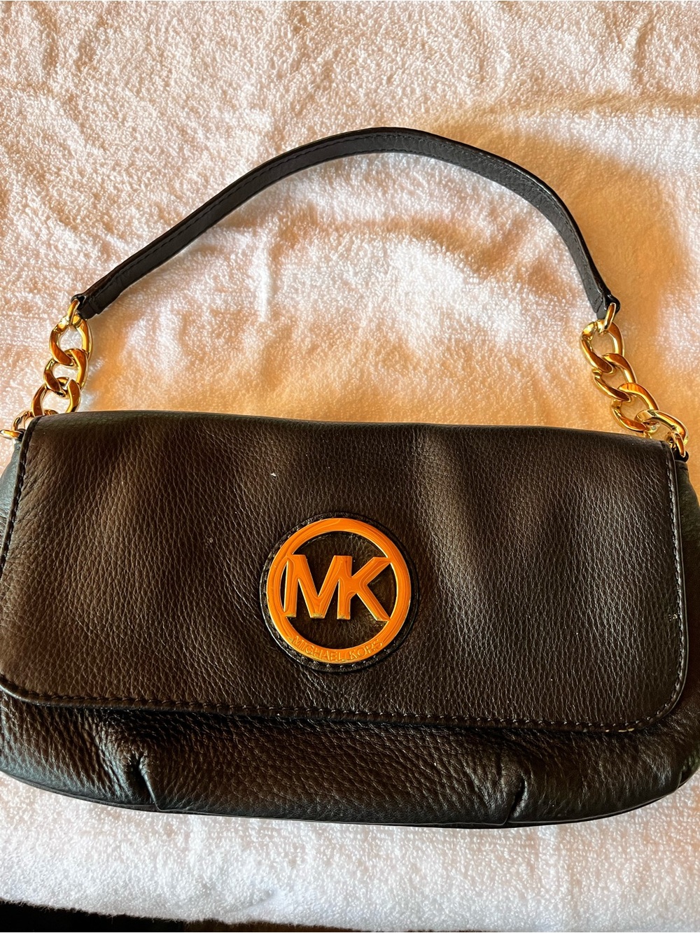 Michael Kors Black Leather Shoulder Bag with Gold MK Logo